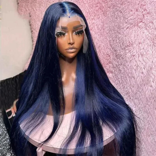 MXWIGS Dark Blue Color Soft Straight Synthetic 13X4 Lace Front Wig For Women Baby Hair 180%Density Glueless Preplucked  Cosplay