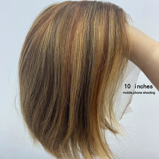 HAIRCUBE Brown Short Straight Wigs for Women 13*1 Lace Front Human Hair Wig Women's Middle Parted Ombre Blonde Bob Remy Hair Wig
