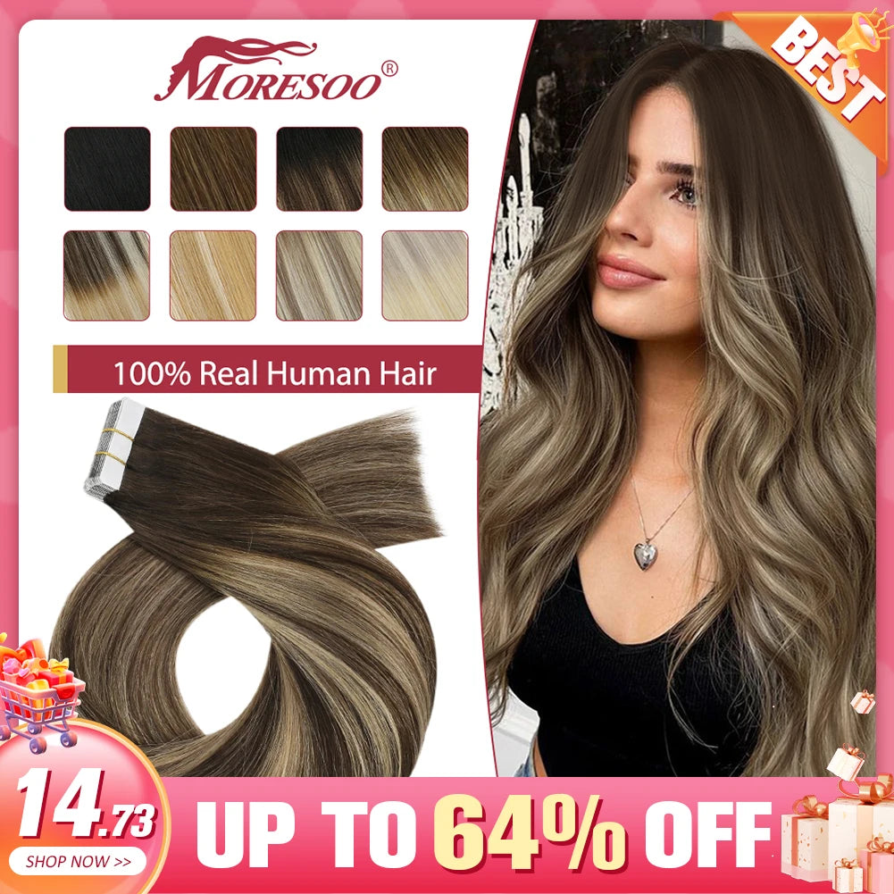 Moresoo 25G Tape in Human Hair Extensions 10P Natural Straight Remy Hair 14-24inches Blonde Hair Tape in Hair Extensions