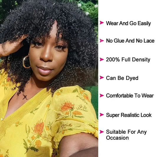 200% Density Short Curly Afro Wig With Bangs Full Machine Made Afro Kinky Curly Human Hair Wigs For Black Women Glueless Wig