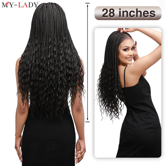 My-Lady Synthetic Cornrow Braided Wigs Lace Front Wig 28inches Box Braided Frontal Long Curly Ends For Black Woman Afro Hair Wig