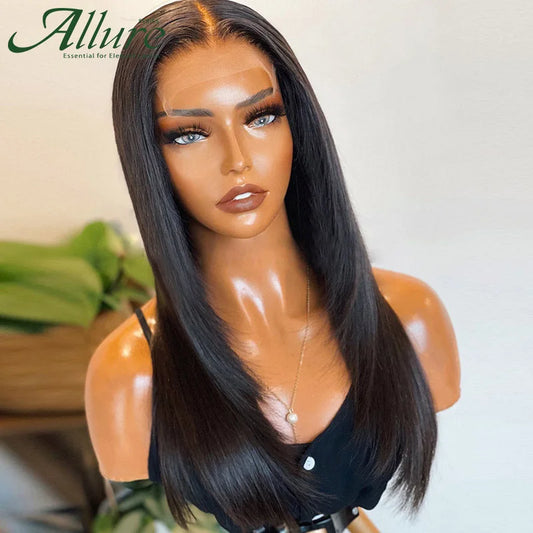 Long Straight Lace Front Human Hair Wigs Glueless Transparent T Part Lace Wigs Pre Plucked Straight Brazilian Lace Wig Allure