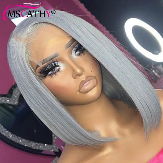 13x4 Silver Grey Short Bob Wig with Baby Hairline Brazilian Virgin Human Hair HD Lace Frontal Wigs for Women Preplucked 150%