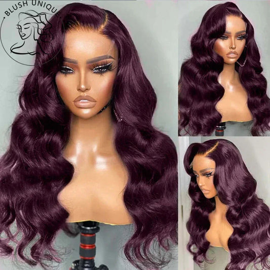 Dark Burgundy Lace Front Wigs Deep Purple Body Wave Lace Wigs for Women 13X4 HD Lace Front Wigs Preplucked Synthetic Hair 30Inch