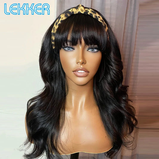 Lekker Wear to go Natural Body Wave Human Hair Wig With Bangs For Women Brazilian Remy Hair Glueless Long Wavy Fringe Bob Wigs