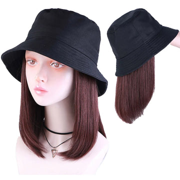 Bucket Hat Synthetic With Hair Cap Fashion Short Straight Bob Fall Autumn Hat Wigs For Women Clip On Hair Extensions