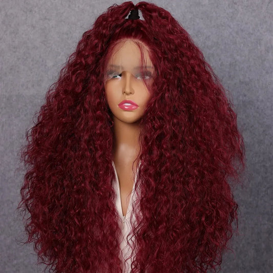 Soft Preplucked 99J Dark Red Color 26Inch 180Density Burgundy Lace Front Wig Synthetic Kinky Curly With Baby Hair Glueless