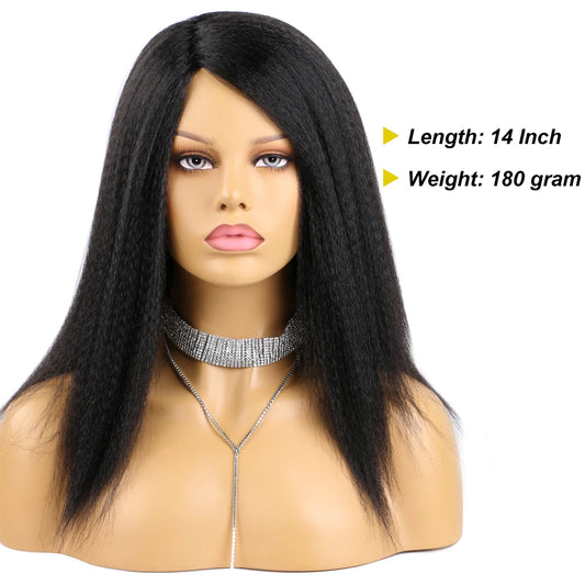 Bellqueen Yaki Straight Wig 14 Inch Glueless Synthetic Soft Natural Kinky Straight Parted Wig For Black Women Daily Party